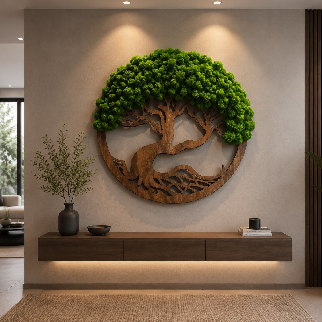 A large circular wall sculpture featuring a stylized tree of life made of bright green moss and brown wood, displayed in a modern living room setting above a floating wooden console shelf.