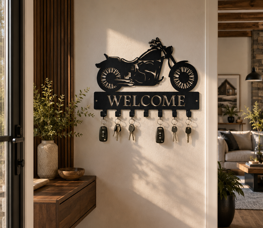 Motor Cycle Key Holder DXF, AI & SVG | Warm Rustic Welcome Entryway | CNC Laser Cut Digital File