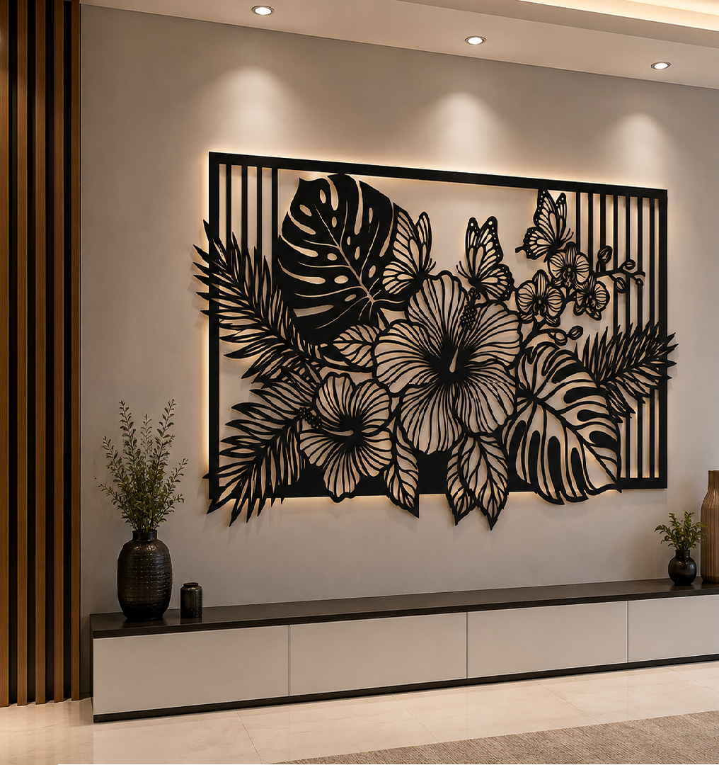 Tropical Leaves Wall Panel Decor DXF, SVG, DWG & AI Files – Decorative CNC & Laser Cutting Design