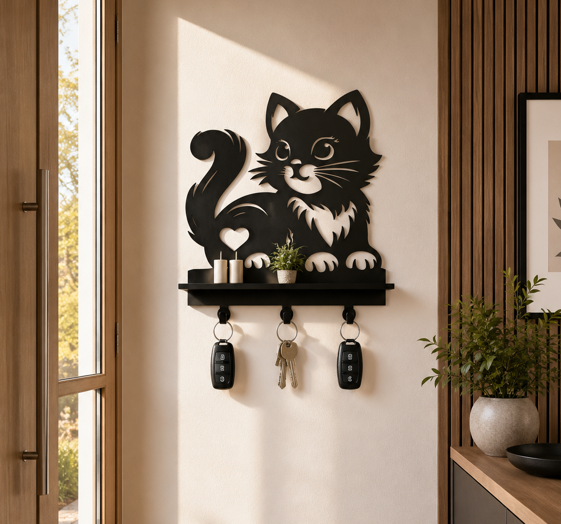 Cute Cat Key Rack Entry | Cute Cat Key Holder DXF, AI & SVG | Pet Welcome Entryway File | CNC Laser Cut Digital File
