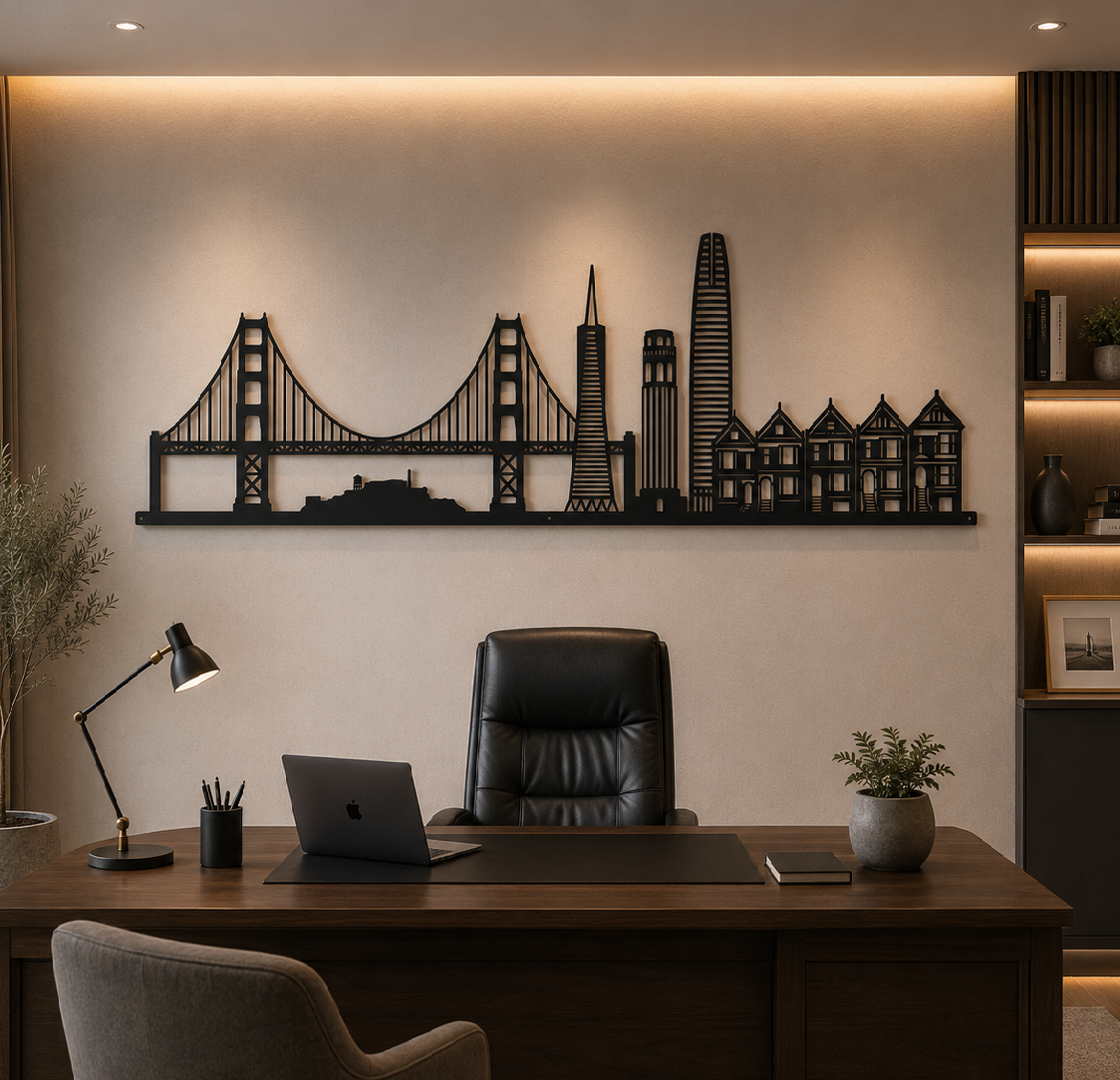 Sanfransisco Skyline Wall Decor Cutting File DXF EPS | USA City Decor | CNC Laser Cut Vector | Black skyline art anchors a warm modern home office