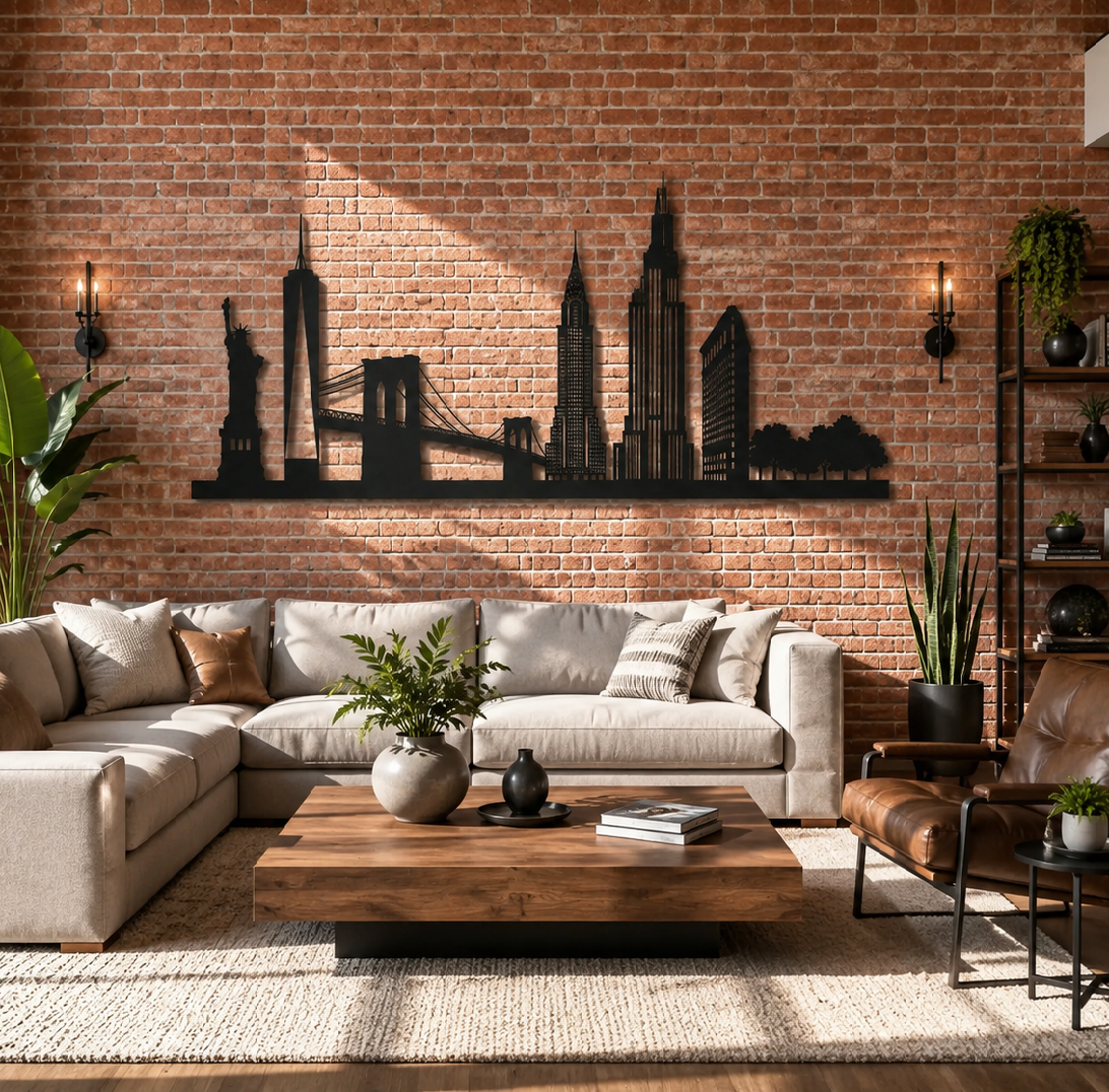New York Skyline Wall Decor Cutting File DXF AI SVG | USA City Decor | CNC Laser Cut Vector | Black skyline art anchors a warm modern home office