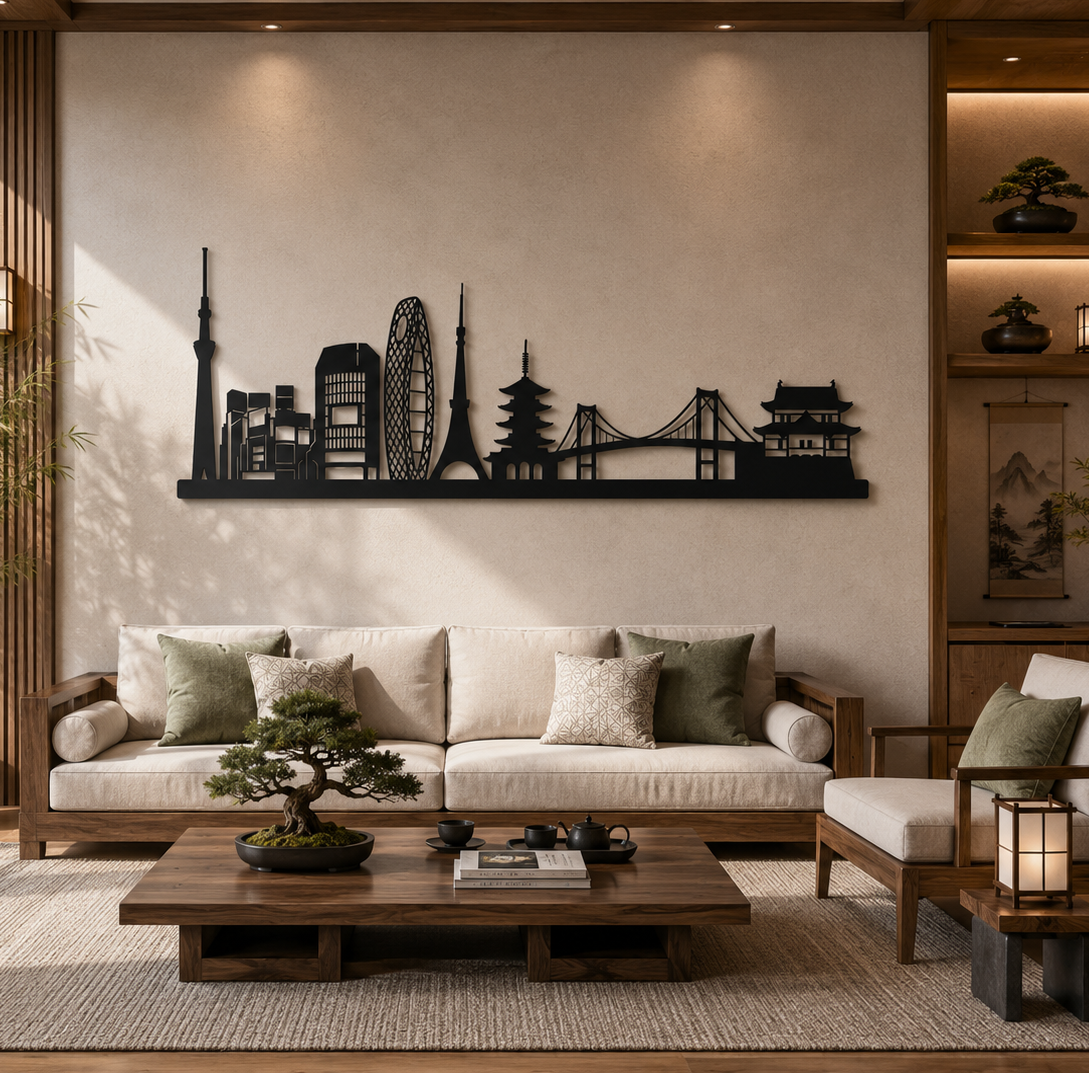 Tokyo Skyline Wall Decor Cutting File DXF EPS | Japon City Decor | CNC Laser Cut Vector | Black skyline art anchors a warm modern home office