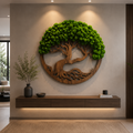 A large circular wall sculpture featuring a stylized tree of life made of bright green moss and brown wood, displayed in a modern living room setting above a floating wooden console shelf.