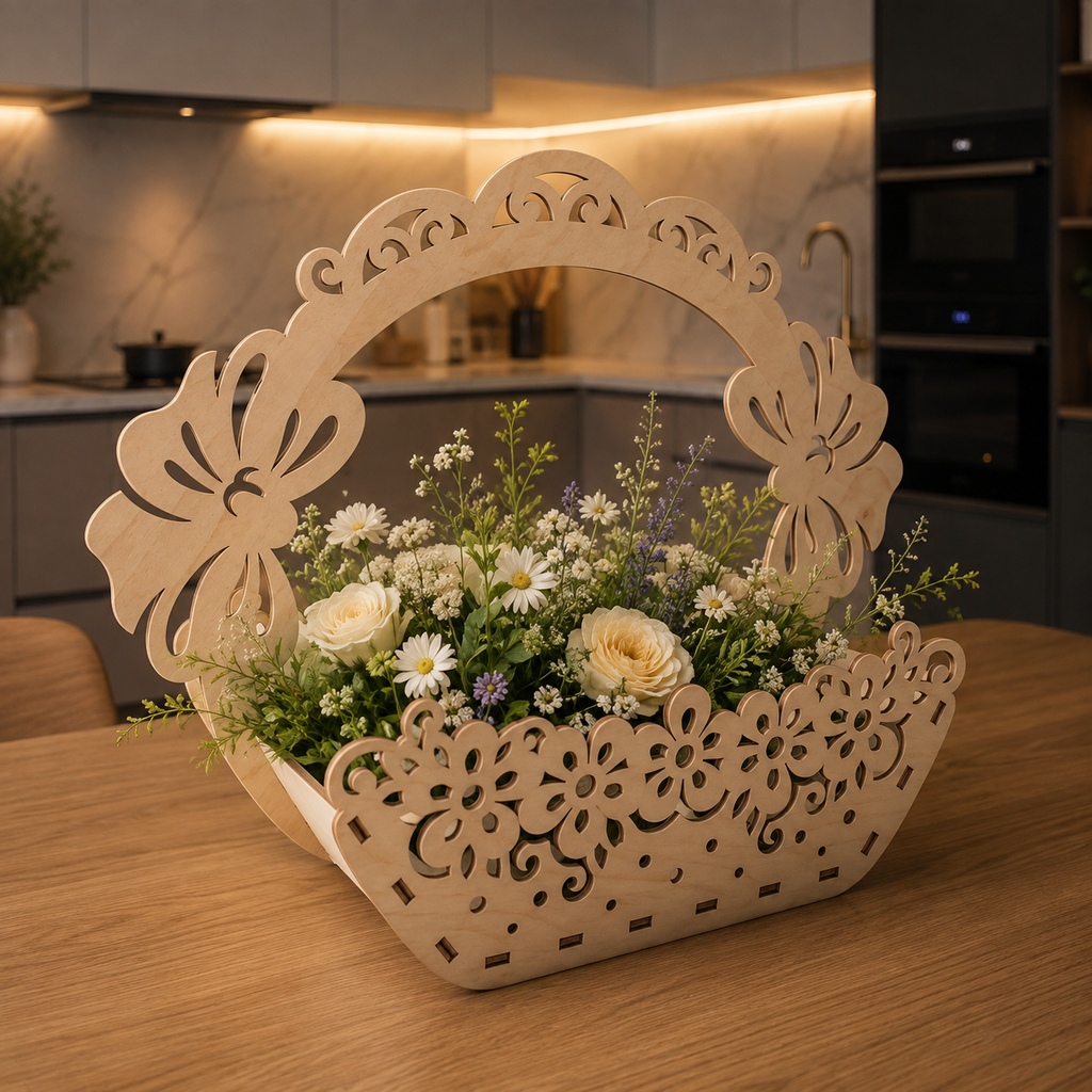 Carved Flower & Fruit Basket DXF, AI, CDR, EPS & SVG Files – Decorative Laser Cutting Design