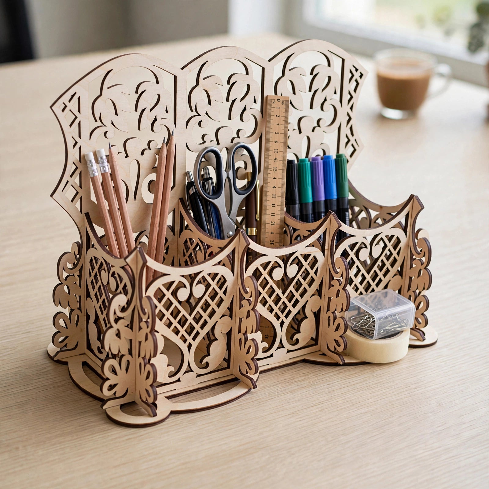Carved Pencil Holder CDR DXF SVG EPS AI | CNC & Laser Cut File | Wooden Desk Organizer Digital Cutting Design