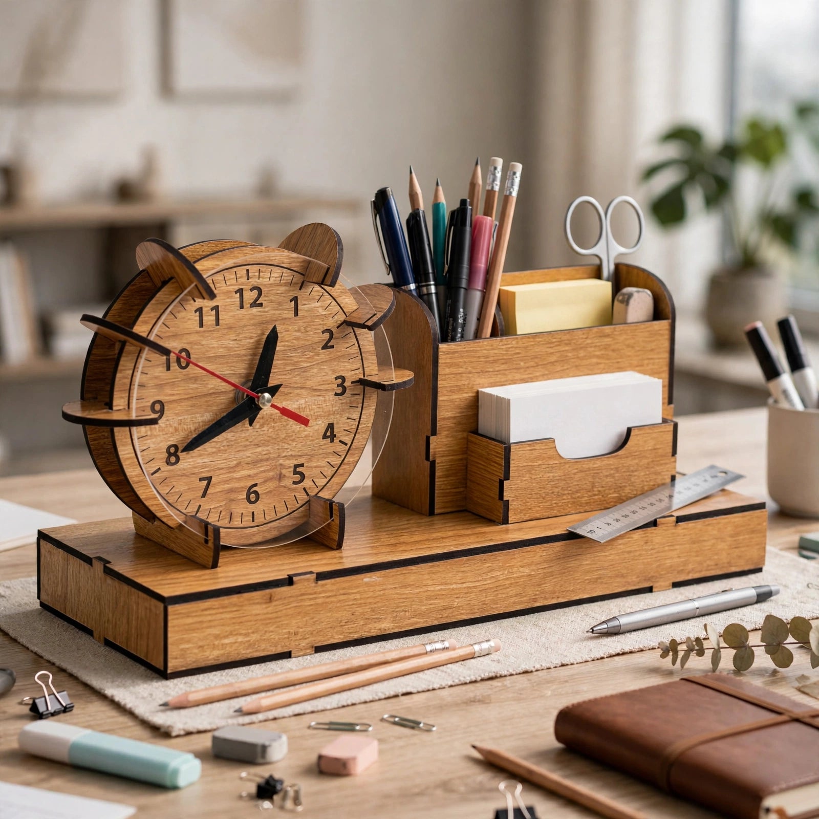 Office Organizer with Clock CDR DXF SVG EPS AI | CNC & Laser Cut Desk Organizer | Wooden Desk Clock Digital Cutting File