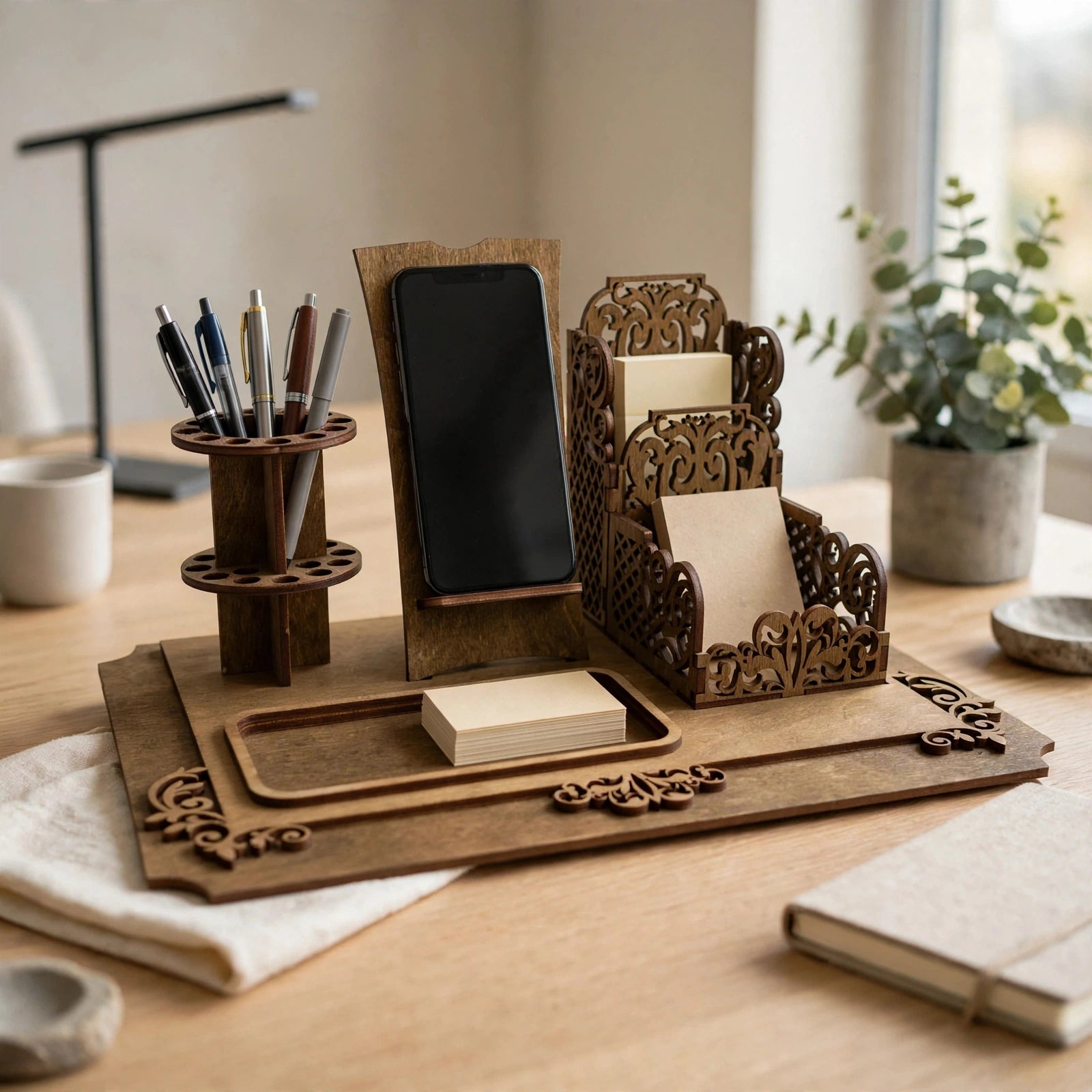 Wooden Office Desk Organizer CDR DXF SVG EPS AI | CNC & Laser Cut File | Desk Storage Organizer Digital Cutting Design